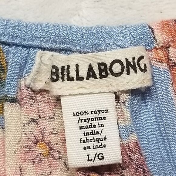 Billabong Large Crop Top Blouse Balloon Sleeve Blue Floral Crepe Flowy Beach - Picture 5 of 10